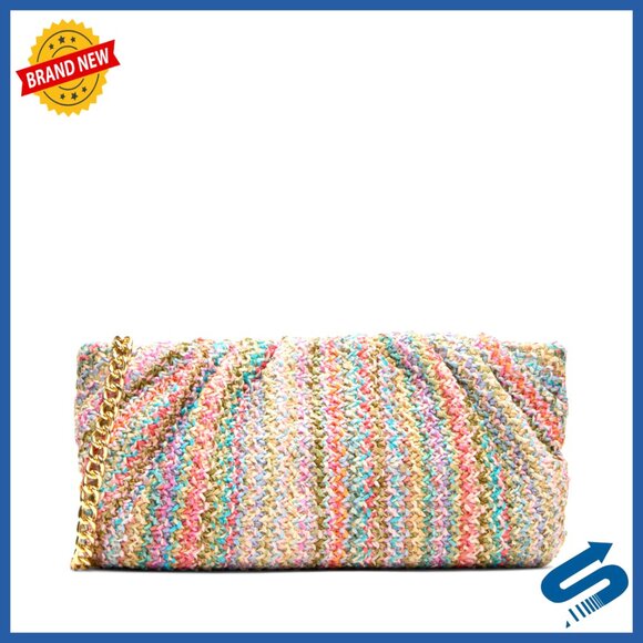 Pleated Raffia Clutch with Removable Crossbody Chain, Magnetic Closure